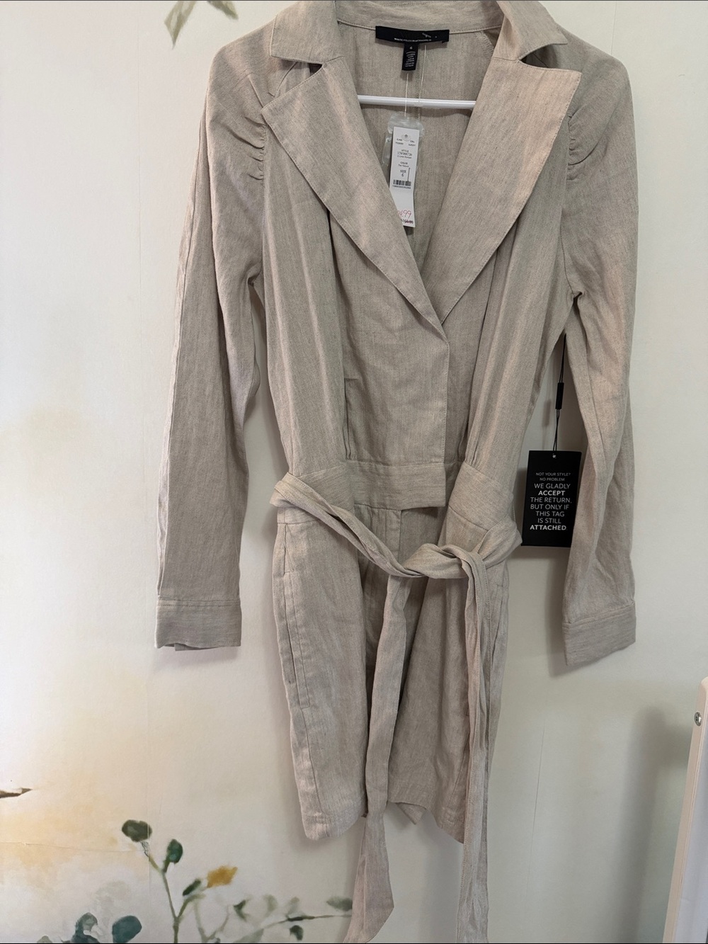 White House Black Market Tan Linen Belted Long Sleeve Romper